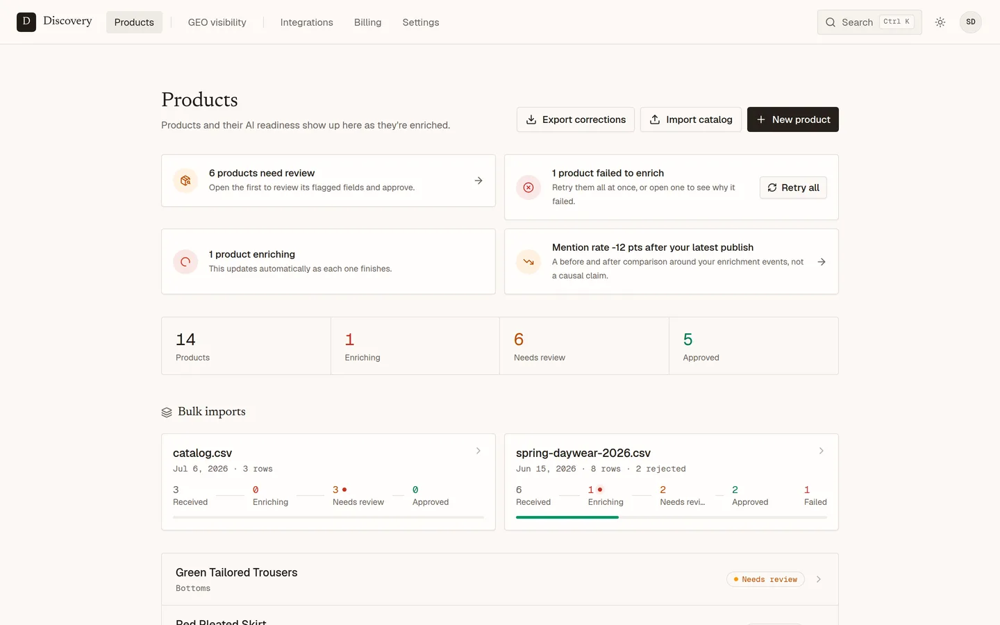 The catalog overview with AI-readiness status per product and a before-and-after visibility insight.