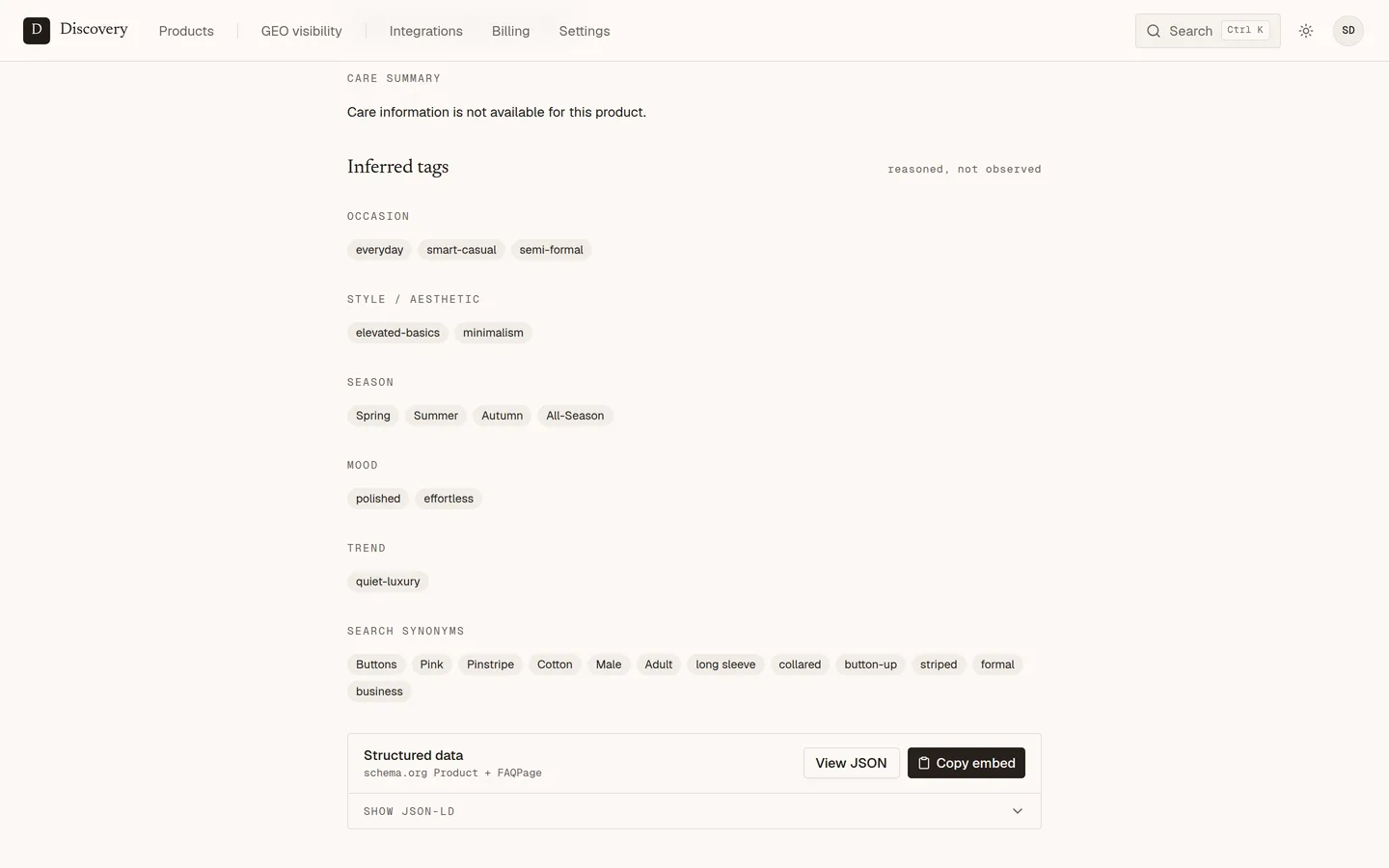 The structured-data block showing schema.org Product and FAQPage JSON-LD with a copy-embed action.